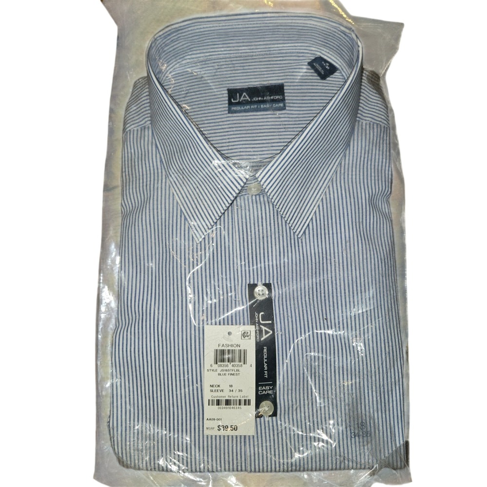 John Ashford Mens Regular Fit Easy Care Striped Dress Shirt Blue 18 Neck 34/35